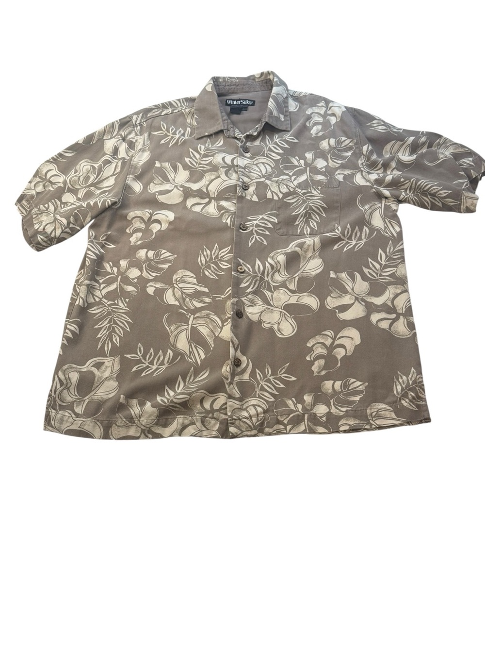 WinterSilks Taupe & Ivory Floral Short-Sleeve Button-Up Shirt‎ Mens Silk Size L